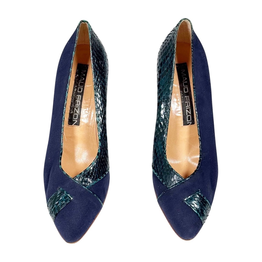Vintage Maud Frizon Paris Navy Canvas Emerald Snakeskin Pumps Heels Size 37.5